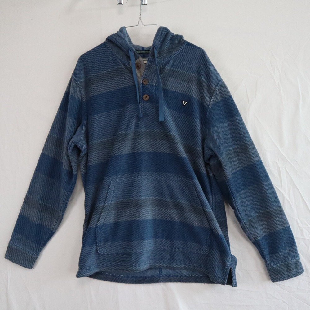 Vissla‎ Hoodie Mens Large 1/4 Button Pullover Fleece Blue Striped Long Sleeve